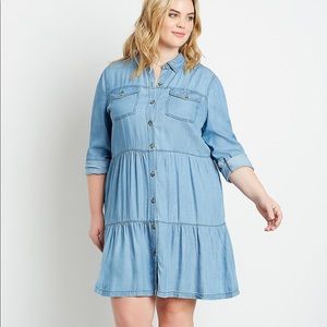 Plus sz 0x Chambray Button Up Babydoll Dress